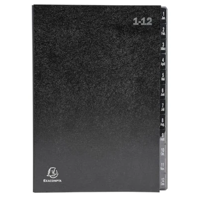 Image de Exacompta Réf. 57012E Carton de 12 trieurs Ordonator couverture rigide intérieur en carte recyclée onglets plastifiés numériques 1 à compartiments dim 25x33 cm pour A4 noir