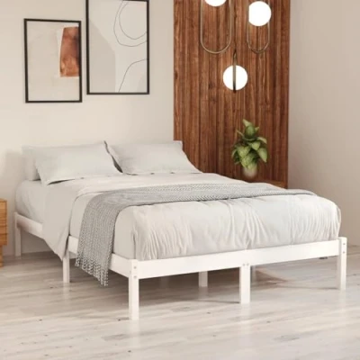 Image de Brokky Cadre de lit Blanc Bois pin Massif 140x190 cm,Lit 2 Personnes avec Sommier,Lit Fer Forgé,Lit À
