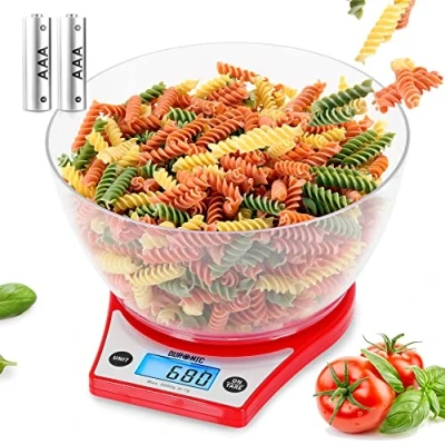 Image de Duronic KS6000 RD Balance de Cuisine d&#039;une capacité 5 kg Précision à 1 g Bol 2 L inclus Large écran rétroéclairé Fonction d&#039;ajout poids TARE Idéale pour la pâtisserie Rouge