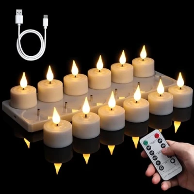 Image de FREEPOWER Lot de 12 bougies chauffe plat LED rechargeables avec station charge, télécommande et minuterie, électriques rechargeables, blanc chaud, intensité variable, bougie