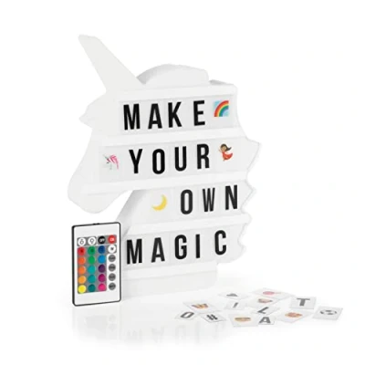 Image de EASYmaxx Boîte lumineuse DEL Light Box Pour des messages textuels personnalisés Mega set avec 150 emojis colorés et 173 lettres, chiffres symboles interchangeables [licorne]