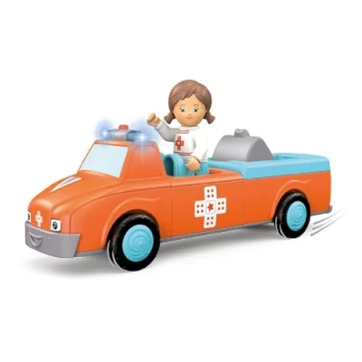 Image de Toddys by siku 0145, Anna Amby, Ambulance composée de 3 pièces avec Son et Lumière, Peut être assemblée, Comprend une figurine mobile, Moteur à volant haute qualité, Orange/bleu cile, dès 12 mois