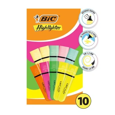 Image de BIC Marking Surligneurs à pointe biseautée et Longue Durée pour Usage Scolaire Professionnel (1.2 mm 4.6 mm) Couleurs Assorties Néon Pastel, Boîte de 10