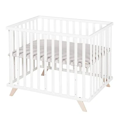 Image de roba Parc Bébé en Bois Massif Bio 75 x 100 + Tapis de Lil Planet Vert Givré Certifié OEKO TEX et GOTS Base Ajustable Hauteur Design Rétro Laqué Blanc