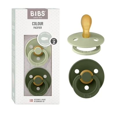 Image de BIBS Colour Symmetrical, Lot de 2 sucettes, sans bisphénol A, Téterelle symétrique. Latex caoutchouc naturel, Fabriqué au Danemark. Taille (6 18 mois), Sage/Hunter Green