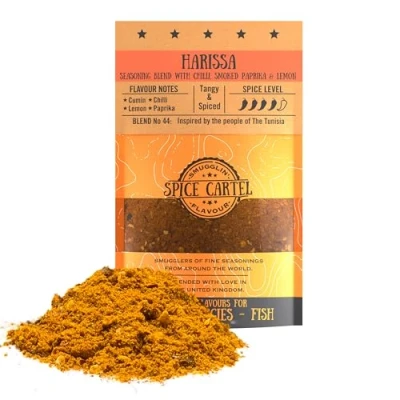 Image de Harissa de Spice Cartel. Mélange d&#039;épices tunisien classique pour une saveur nord africaine, idéal dans un tajine. Sachet refermable 100 g. Plus 3 kg protéines. artisanal qualité s