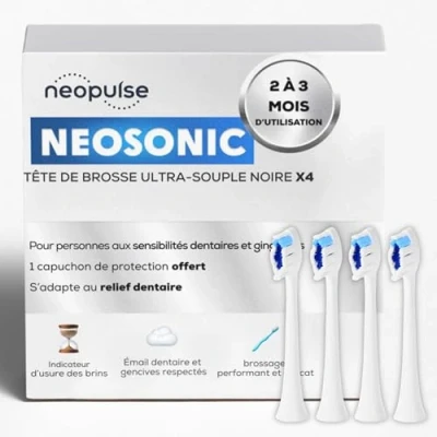 Image de NEOPULSE® Lot de 4 Recharges Têtes Brosse Ultra souples Blanches en Nylon pour à Dents Électrique Sonique NEOSONIC® Compatible NEOKIDS 3D : Brins courts et longs Indicateur d&#039;Usure