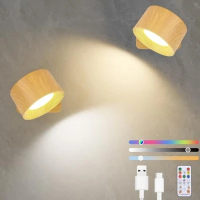 Image de Diealles Shine Applique Murale Interieur 2pcs,USB C Lampe Sans Fil, de Chevet Intensité Variable, Rotative à 360, Commande Tactile et Télécommande, 19 RGB Couleurs (Couleur Bois)