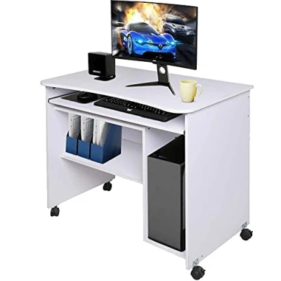 Image de BAKAJI Bureau Table avec Porte Clavier Coputer et étagère en Bois roulettes Blanches, Blanc, Unica