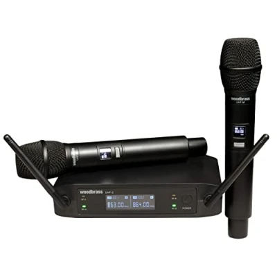 Image de WOODBRASS Microphone sans Fil Système 2 x Micro UHF Portable Micros à Main pour Karaoké, Professionnel, DJ, Animation, Mariage, Conférence (UHF 2M F1 3)