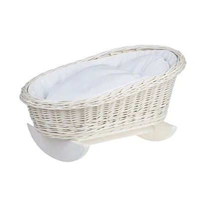 Image de e wicker24 lit de poupée, Berceau à Bascule, pour Poupon en Osier avec Matelas + Couverture Oreiller (Blanc_Blanc)