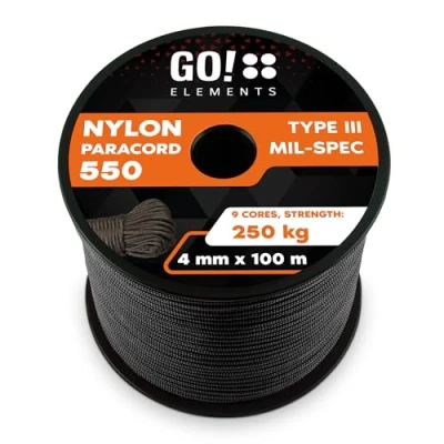 Image de GO!elements 100m Paracorde en Ficelle Nylon 4mm 550 Typ III Corde approprié Fil de Peche Nylon, Filet éthologique, etc. Max. 250kg, Coleur: Noir