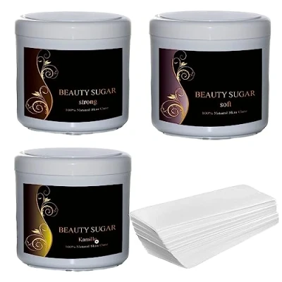 Image de Cire au sucre Sugaring Beauty Sugar Set d&#039;introduction + 50 bandes de non tissé GRATUITES pour l&#039;épilation les trois pâtes en taille XXL à 600g parties intimes, le visage et corps