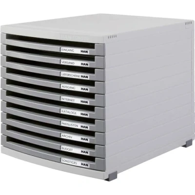 Image de HAN Module à tiroirs CONTUR système de classement moderne et modulaire, extensible, avec 10 ouverts pour documents jusqu&#039;au format B4, gris clair foncé, 1510 0 19