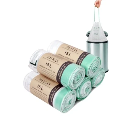 Image de ZURAS® 15 litres Sacs à déchets biologiques avec cordon de serrage 150 pcs. poubelle compostables et biodégradables, résistants la déchirure étanches l&#039;eau