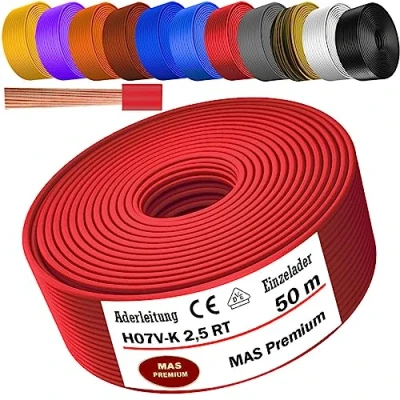Image de MAS Premium Câble conducteur H07 V K 1 x 2,5 mm² HBL GRGE RT DBL BR OR GR WS VIO ou GE Fil unique flexible de 5 à 100 m (rouge, 50 m)