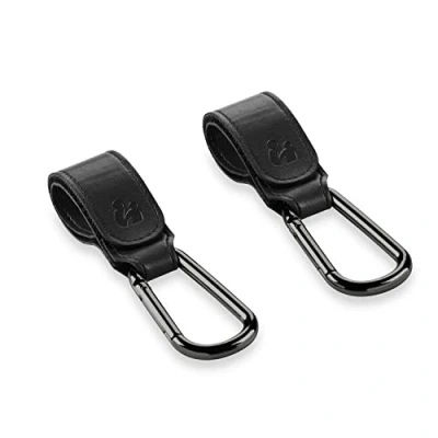 Image de hauck Lot (2 Pièces) Crochet Poussette, Attache Sac a Langer Poussette Style Cuir, Clips Mousqueton, Compatibilité Universelle, Multifonction Black