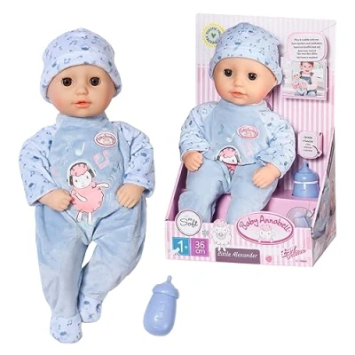 Image de Baby Annabell Zapf Creation 709887 Little Alexander 36cm weiche Puppe mit Stoffkörper, Blauer Strampler, Blaue Schlafaugen und Fläschchen.