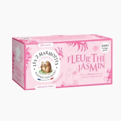 Image de Les 2 Marmottes Fleur’thé jasmin Thé vert 100% BIO floral au Relaxant et apaisant Pour le petit déjeuner 30 Sachets par boite Made in France 60g