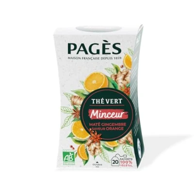 Image de Pagès Thé Vert BIO Minceur Maté, Gingembre, Saveur Orange Boîte de 20 Sachets, 100% Végétal