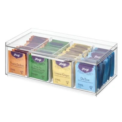 Image de iDesign boîte Rangement thé, à thé empilable avec 4 Compartiments, Couvercle et Fonction tiroir, de Plastique séparateurs réglables, Transparent