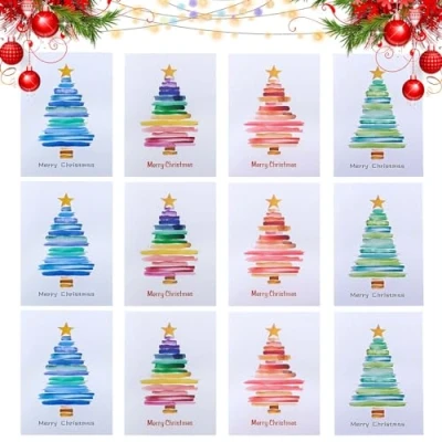 Image de Miioto Cartes de Noël, 12 Pièces Carte Noel avec Enveloppe, Vœux Cadeau Noel, Joyeux Set Vœux, Voeux Motif Sapin Noël (#1)