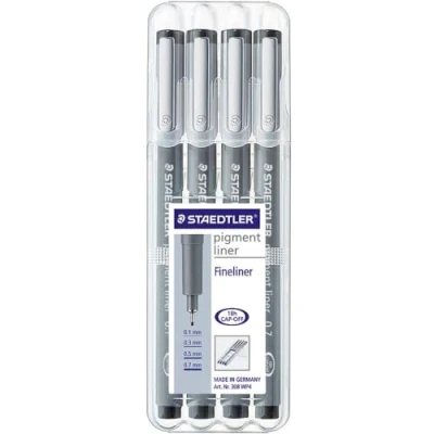 Image de Staedtler Pigment Liner, feutres de dessin à encre pigmentée noire infalsifiable, Étui chevalet avec 4 assortis 0.1/0.3/0.5/0.7 mm, 308 WP4