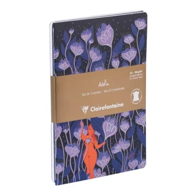 Image de Clairefontaine 116296C Un Set de 2 Carnets Cousus Fil Carnet Cuir Indigo &amp; Imprimé Décor Céleste A5 14,8x21 cm, 64 Pages Lignées Papier Blanc 90g Collection Adolie