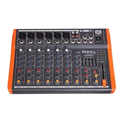 Image de Ibiza MX801 Table de mixage complète semi professionnelle à 6 canaux (égalisateur 5 bandes) avec entrées MONO, micros et lignes sorties REC, RCA, casque AUX USB Noir orange