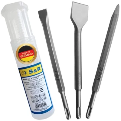 Image de S&amp;R Burin SDS Plus (Pro), set de 3 Ciseaux (Plat, Large, Pointu) pour Carellage. Made in Germany Qualité Industrielle