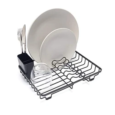 Image de simplywire Égouttoir à Vaisselle Compact Assiettes avec Panier Couverts Petit Acier Enduit de Poudre Noire