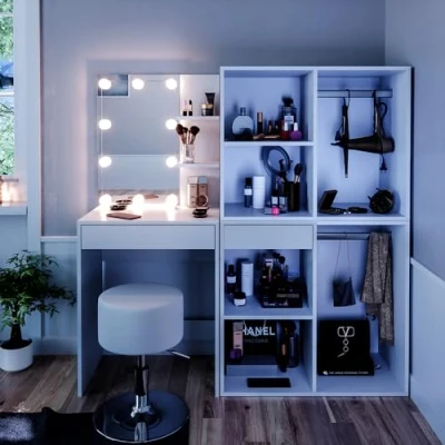 Image de Vicco Coiffeuse Isabelle, Blanc, 140 cm avec LED, Tabouret et Armoire