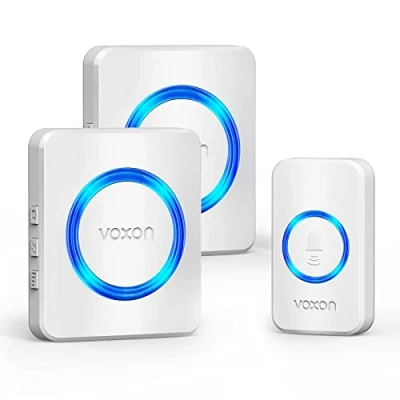 Image de VOXON Sonnette de porte sans fil avec 2 récepteurs, étanche IP65, fonctionne à piles, longue portée 396,2 m, kit carillon flash LED, 4 niveaux volume, 38 mélodies,