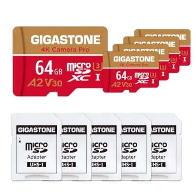 Image de Gigastone Carte Mémoire 64 Go Lot de 5 Cartes, 4K Caméra Pro, Compatible avec GoPro Switch, Vitesse 95 Mo/s. A2 U3 V30 Micro SDXC Adaptateur SD.