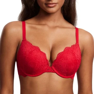 Image de DOBREVA Femme Soutien Gorge Push Up Dentelle avec Armatures Plongeant Rembourré Moulé Rouge à lèvres 105D