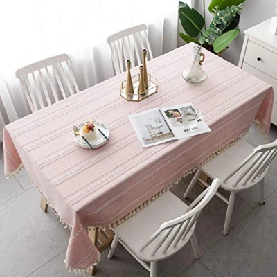 Image de Pahajim Nappe Rectangulaire Anti Tache Lin Coton Tassel de Broderie pour Table Basse, Picnic, Décoration Bureau Cuisine Familiale(Rectangulaire/Ovale, 140 x 200 cm)