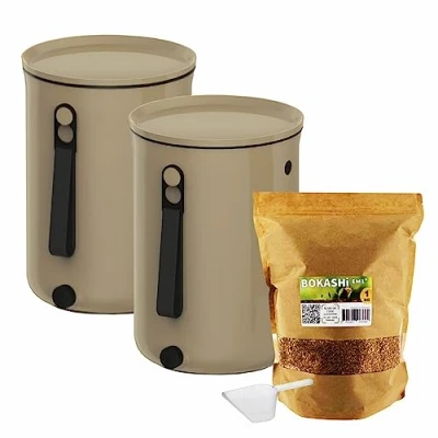 Image de Moutta Lot de 2 seaux Bokashi Organko Cappucino (9,6L) Composteur Organique avec compacteur + 1 kg d&#039;Activateur EM Fermentation fabriqué en France