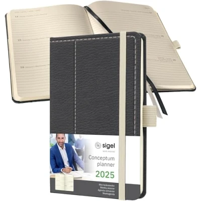 Image de SIGEL C2558 Agenda semainier 2025, motif rétro, A6, couverture rigide, gris, blanc Conceptum