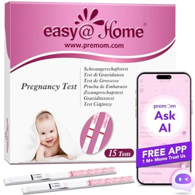 Image de Easy@Home 15 Tests de Grossesse Précoce Sensitive : Test hCG Rapide 10 mIU/ml d&#039;Urine avec Application Intelligente Premom丨Test en Bandelette