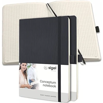 Image de SIGEL CO320 Lot de 3 Carnets notes premium à petits carreaux, A5, couverture souple, certifié PEFC, noir Conceptum