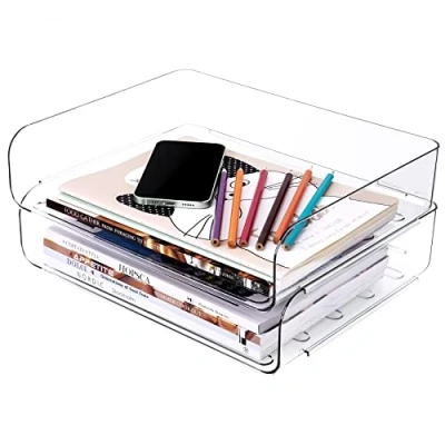 Image de Tomorotec Lot de 2 corbeilles à courrier Bureau, Format A4, empilables en Pet Transparent, Organiseur Documents Support Rangement Livres, Charge latérale, d&#039;empilage