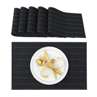 Image de Relaxdays Set de Table, Bambou, Lot 6, Tables Manger, 30 x 45 cm, Rectangle, Tapis Table antidérapant Lavable, Noir