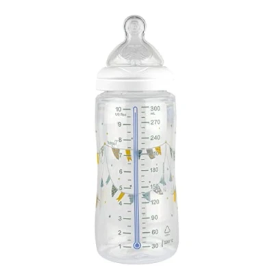 Image de Tigex Transition+ Biberon avec alerte de température +6 mois 300 ml Tétine en silicone Anti colique Sans BPA Banderole jaune et grise