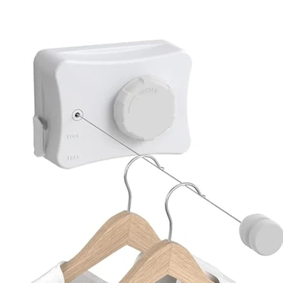 Image de JINYOMFLY Corde à Linge Rétractable 5.1m, Acier Inoxydable Fil a Extérieur Retractable, Etendoir Exterieur Retractable Intérieur Mural (Blanc)