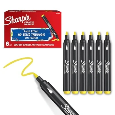 Image de SHARPIE Marqueurs créatifs Feutres à peinture acrylique Pointe ogive base d’eau Fourniture scolaire Jaune Lot de 6