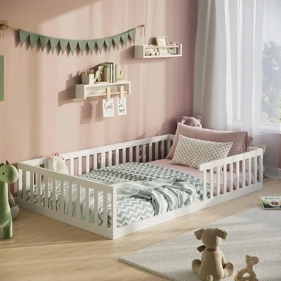 Image de Lit au Sol avec barrière Anti Chute 140 x 200 cm Sommier à Lattes Inclus Simple pour Enfant et Adolescent Montessori Blanc