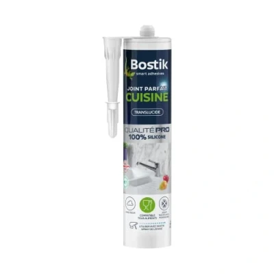 Image de Bostik Mastic d’Étanchéité Joint Parfait Cuisine Jointe Tous Matériaux Sans Odeur Traité Anti Moisissures Certifié Contact Alimentaire Formule 100% Silicone Couleur : Transparent 280 ml