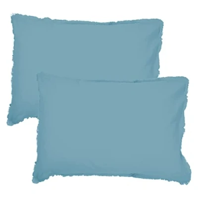 Image de MATT &amp; ROSE Taies d&#039;oreiller 50x70 cm Lot de 2 Unies à Franges Coton LAVÉ 100% Lavé Oeko TEX Bleu Givré