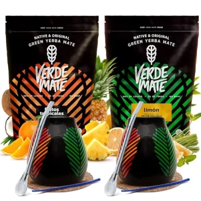 Image de Yerba Mate 1kg Kit The Verde Frutos Tropicales Limon Non Fumé 2 x 500g + Calebasse Samba 350 ml Bombilla