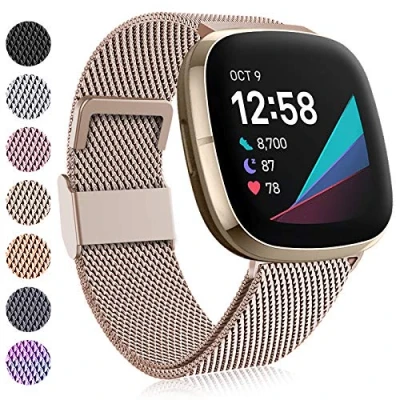 Image de Faliogo Compatible avec Fitbit Versa 3 Bracelet/Fitbit Sense Bracelet, Bracelet de Remplacement Métal en Acier Inoxydable pour 3/Sense, Petit Or Vintage